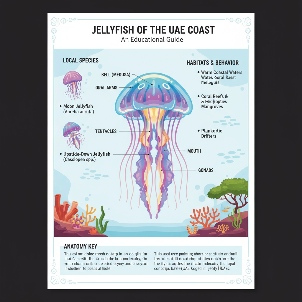 an illustrated anatomical diagram of a jellyfish with vibrant colors, placed in an educational and visually appealing leaflet-style layout with headings and columns, highlighting local UAE jellyfish species and their habitats