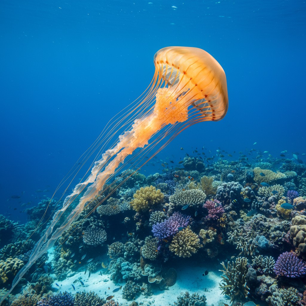 Long, Orange Jellyfish foraging above illuminated reefs.