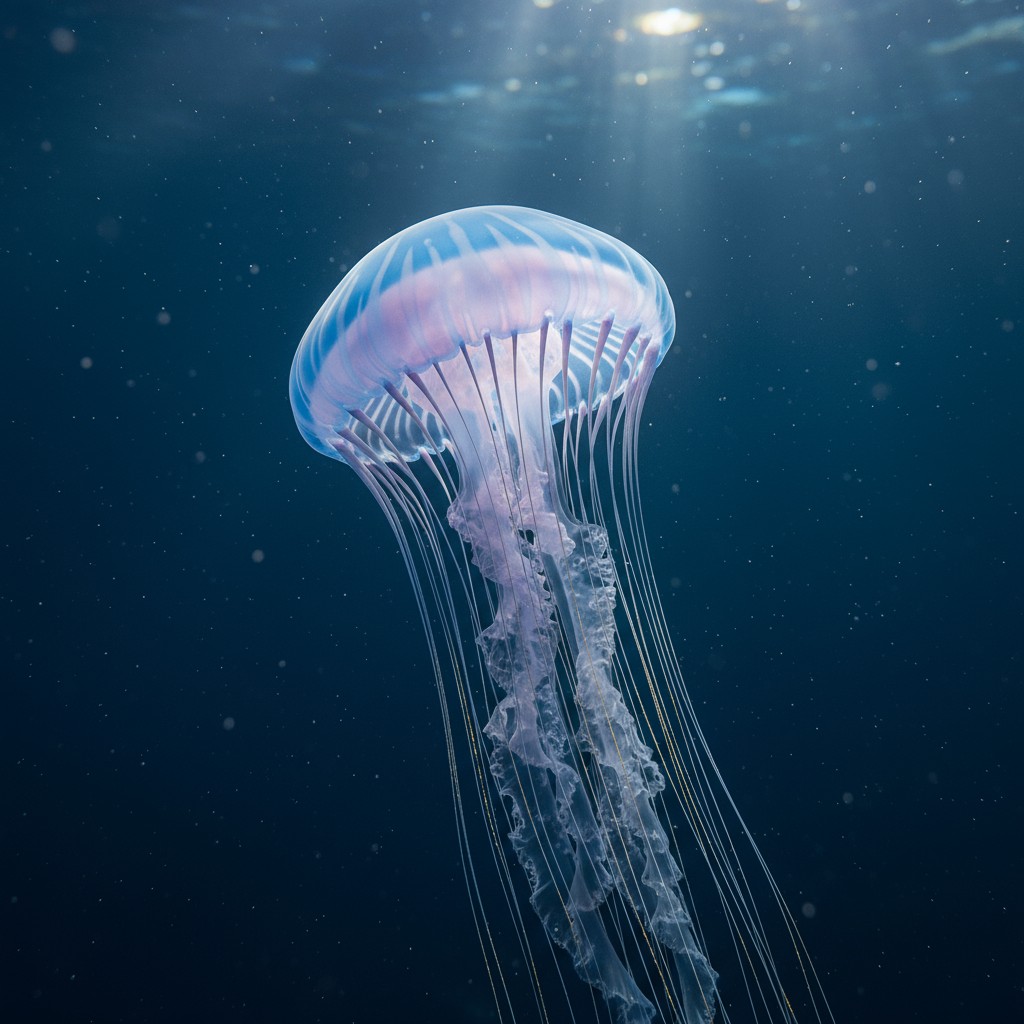 A jellyfish in the ocean, underwater, with sunlight shining through.