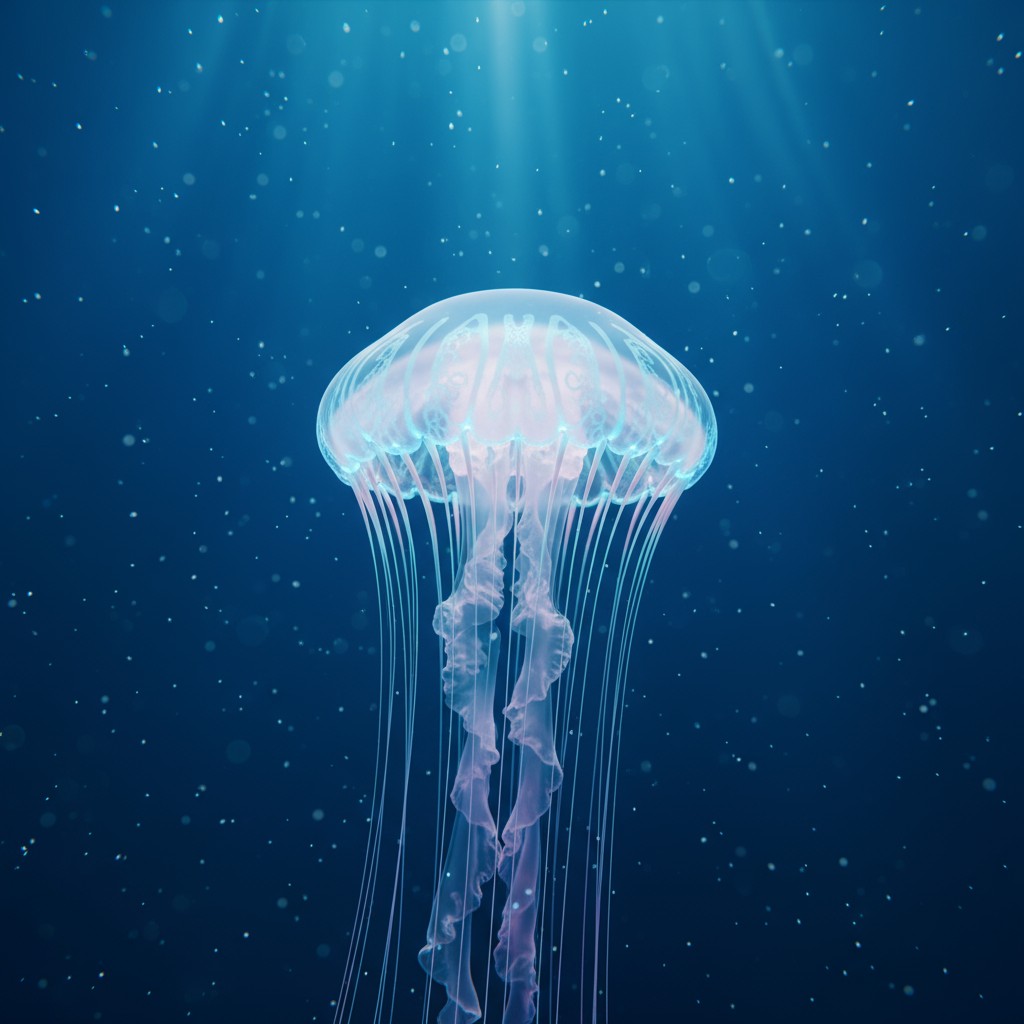 A large transparent jellyfish suspended in water with sunshine descending from above.