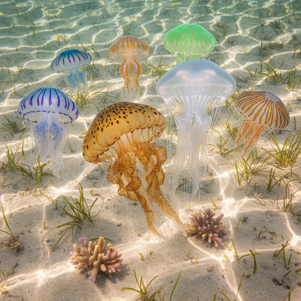 JKWFKAGAMK photography print of colorful jellyfish being predators in shallow green-blue clear ocean water, near a sandy b...
